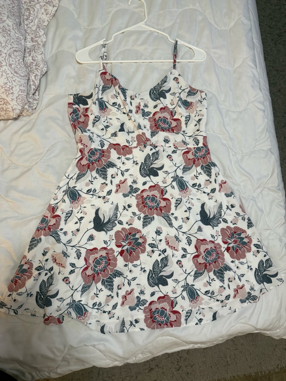 LOFT White Mini Dress with Red and Grey Floral Print